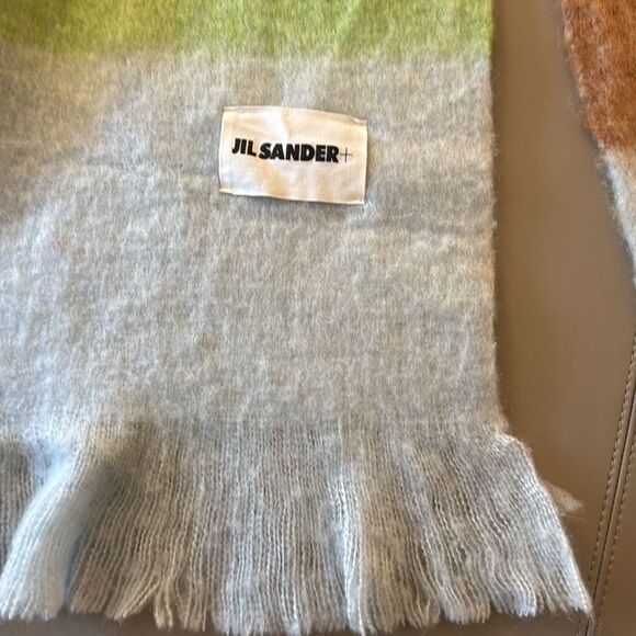 NWOT Jill Sander Tricolor Wool/Mohair Fringed Scarf. Blue/Green/Brown. - Picture 6 of 6